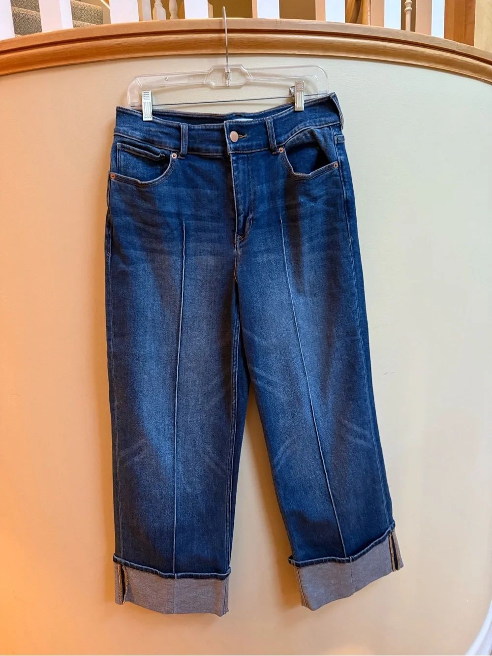 Dark Blue Women Jeans with Cuffed Bottom